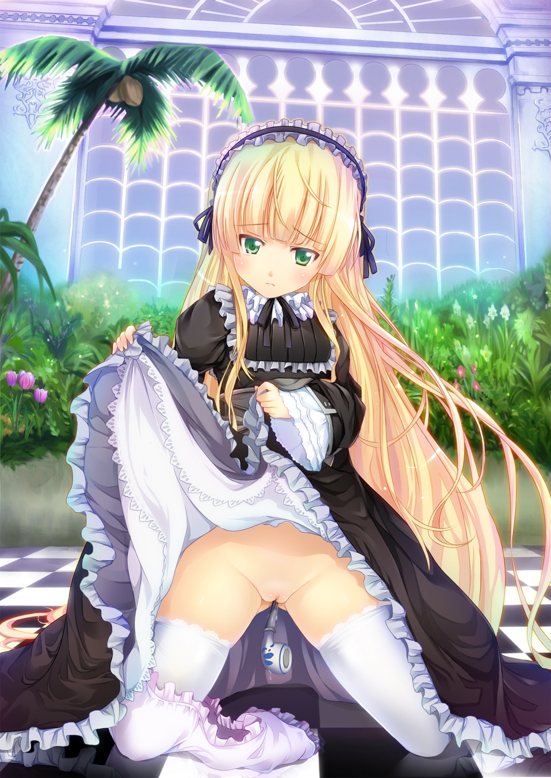 bloomers bloomers_(victorian) bloomers_around_one_leg blush checkered checkered_floor coconut dress dress_lift female flower gosick green_eyes hairband highres insertion kneeling lolita_fashion long_hair no_panties palm_tree penetration pipe pussy reflection rule34 skirt skirt_lift solo tear thighhighs tomusooya tree uncensored very_long_hair victorique_de_blois white_legwear