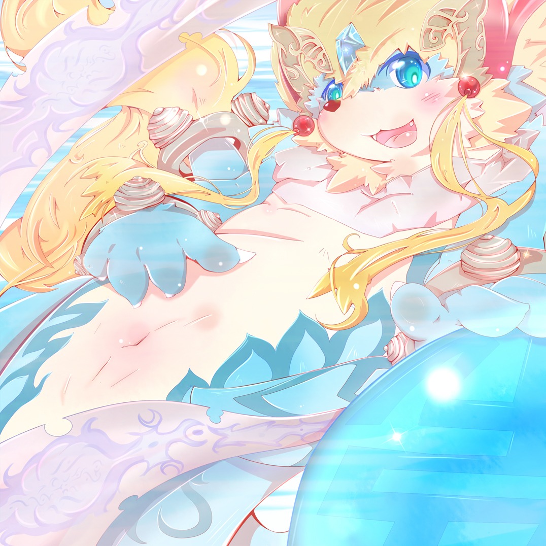 1:1 animal_genitalia anthro aquatic bandai_namco blonde_hair blue_body blue_eyes blue_fur canid canine canis domestic_dog e621 female fur genital_slit genitals hair horn jewelry looking_at_viewer male_(lore) mammal mythological_creature mythological_scalie mythology nude restricted_palette scalie shaorune solo tales_of_(series) tales_of_rebirth tsurugi white_body white_fur