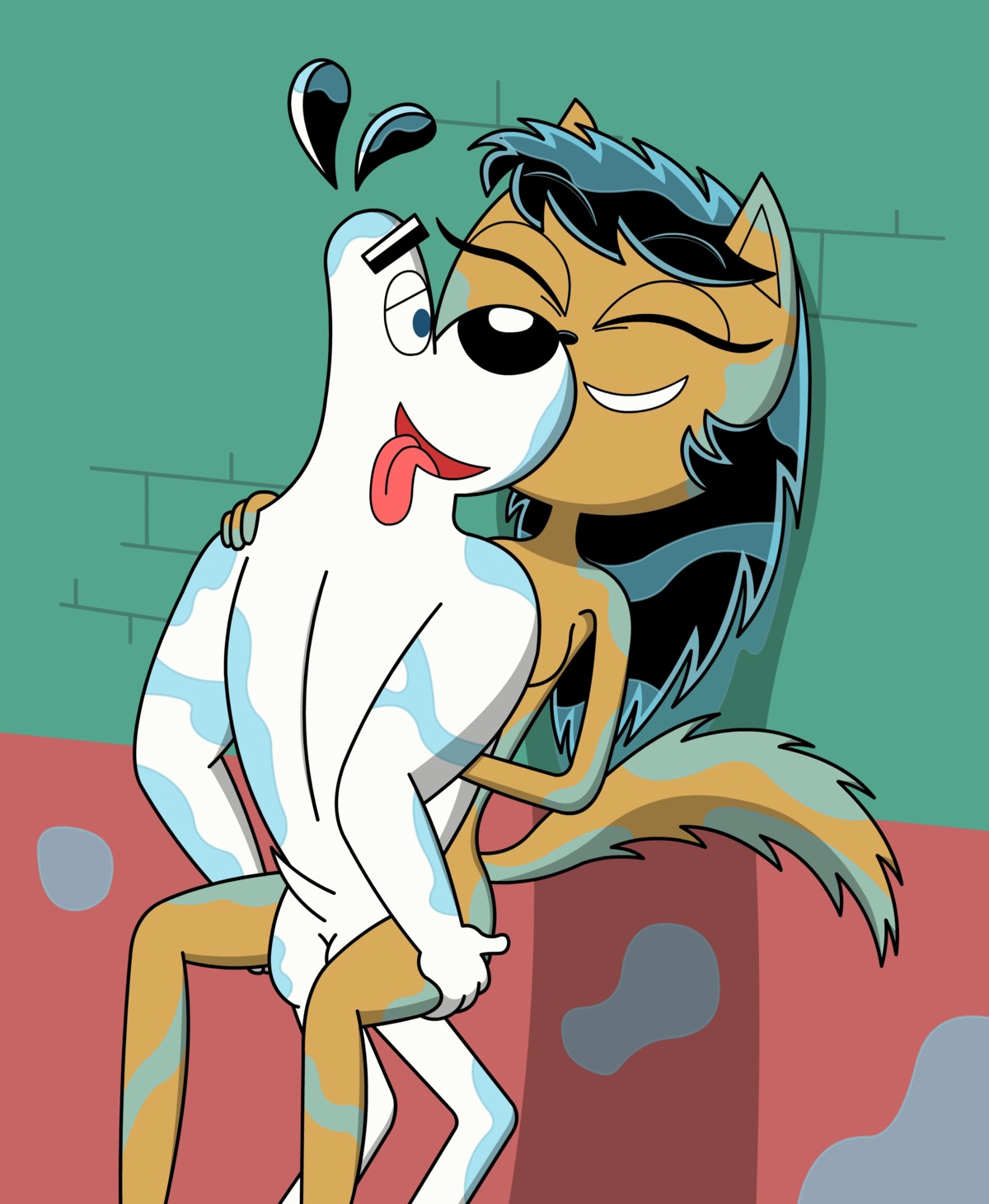 absurd_res anthro black_hair black_nose canid canine canis davecartoons domestic_cat domestic_dog dudley_puppy duo e621 eyebrows eyelashes felid feline felis female hair hi_res kitty_katswell male male/female mammal nickelodeon nude sex t.u.f.f._puppy tongue wet