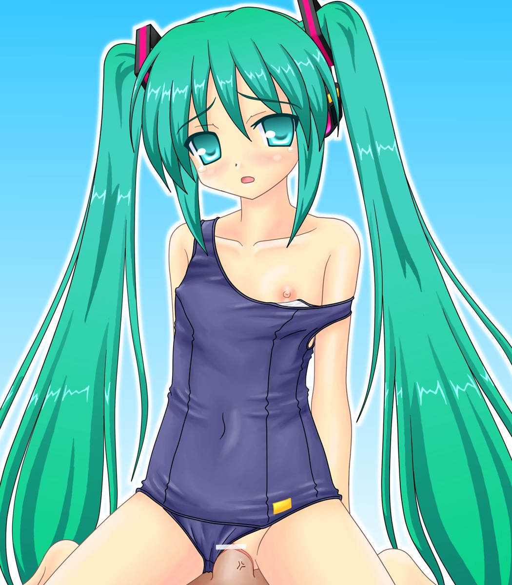1boy 1girl 1girls 2d aqua_eyes aqua_hair areolae artist_request bangs blue_background blue_eyes blue_one-piece_swimsuit censored clothing_aside color dark-skinned_male dark_skin eyebrows_visible_through_hair female female_focus female_penetrated flat_chest girl_on_top gradient_background green_hair hatsune_miku headset hetero light-skinned_female light_skin long_hair male male_penetrating male_penetrating_female navel nipples one-piece_swimsuit open_mouth penetration penis pussy rule34 school_swimsuit sex simple_background solo_focus straddling swimsuit swimsuit_aside tears twintails vaginal vaginal_penetration very_long_hair vocaloid