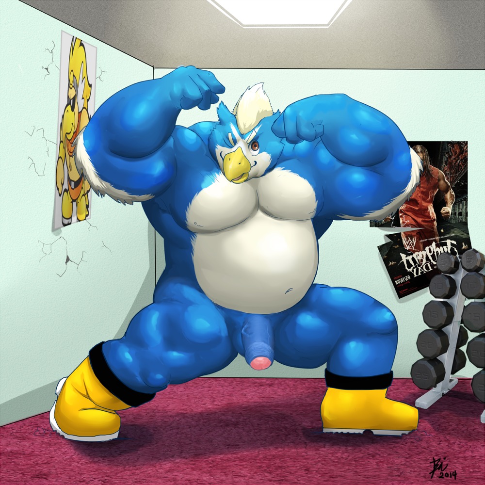 1:1 2014 anthro avian balls beak biceps big_muscles bin_(artist) biped bird e621 erection flexing foreskin genitals humanoid_genitalia humanoid_penis looking_at_viewer male musclegut muscular muscular_anthro muscular_male nude one_eye_closed partially_retracted_foreskin pecs penis pose slightly_chubby solo standing