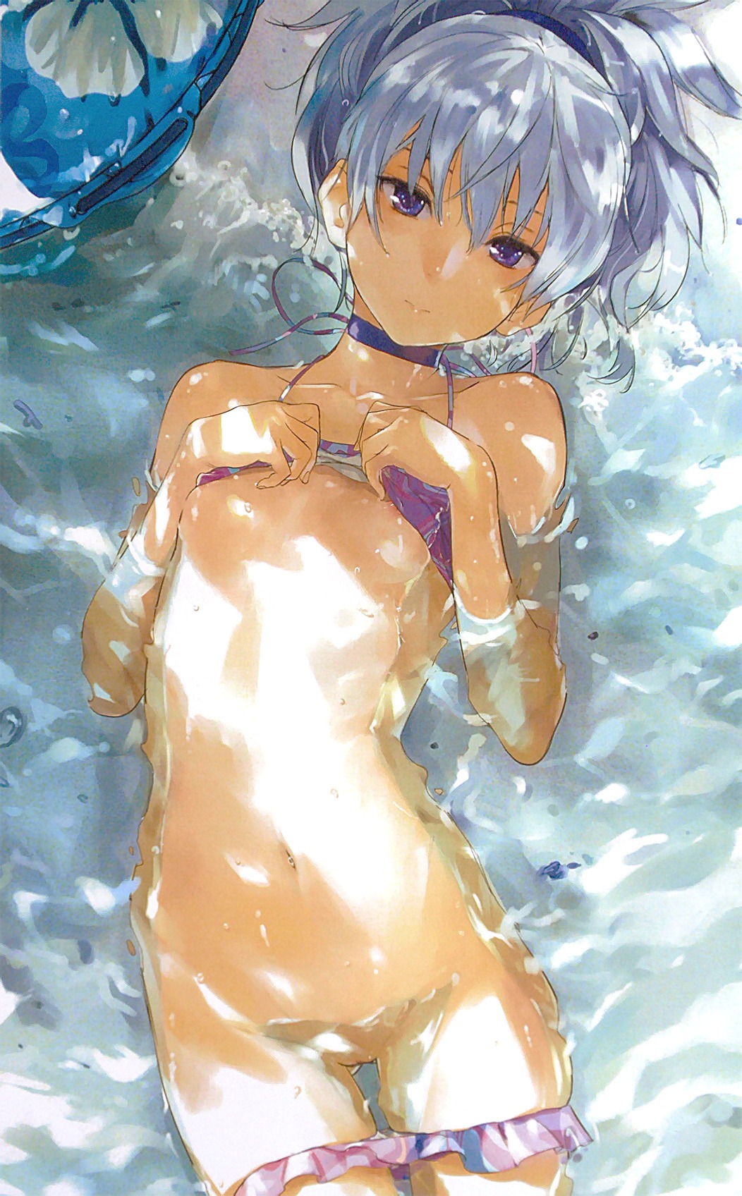 1girls bikini bikini_lift bra_lift breasts bust choker darker_than_black female flat_chest hair_ribbon highres kawakami_rokkaku looking_at_viewer lying midriff navel nipples panties panty_pull ponytail purple_eyes pussy ribbon rule34 scan shade silver_hair slender small_breasts solo swimsuit swimsuit_pull tied_hair uncensored underboob underwear water wet wet_hair white_hair yin_(darker_than_black)