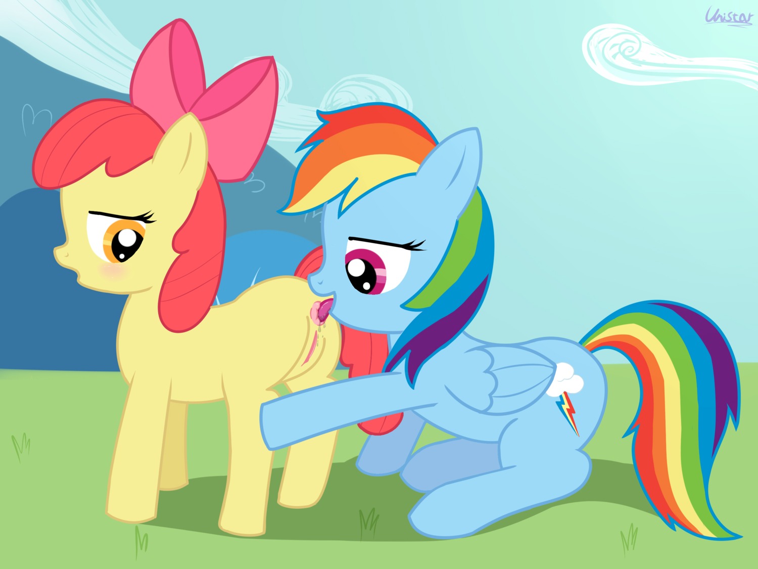 4:3 anal anus apple_bloom_(mlp) blue_body blue_feathers blue_fur cutie_mark duo e621 earth_pony equid equine feathered_wings feathers female female/female female_rimming_female feral feral_on_feral friendship_is_magic fur genitals hair hasbro hi_res horse licking mammal multicolored_hair multicolored_tail my_little_pony mythological_creature mythological_equine mythology oral orange_eyes pegasus pink_eyes pony rainbow_dash_(mlp) rainbow_hair rainbow_tail red_hair rimming sex tail tongue tongue_out unistar vulva wings young young_feral