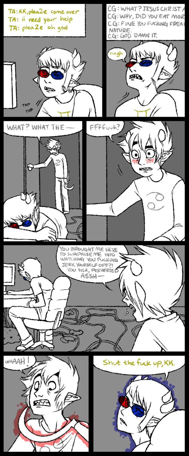 2boys anonymous blush clothing comic computer dialogue gay glasses grey_background homestuck horns karkat_vantas male masturbation ms_paint_adventures open_mouth penis pointy_ears psionics psychic rule34 sharp_teeth short_hair sickle sollux_captor source_request speech_bubble text troll white_hair white_skin