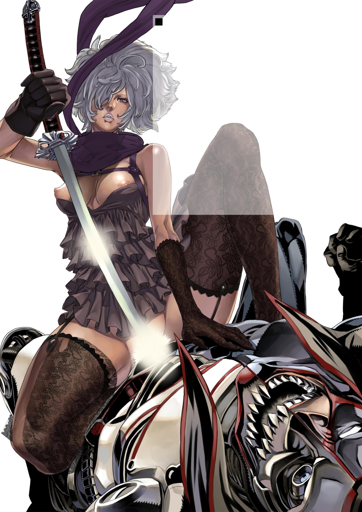 afro bare_shoulders breasts camisole censored convenient_censoring cowgirl_position dark-skinned_female dark_skin dress female frills gloves high_resolution human katana lace lips medium_breasts nipples no_more_heroes no_panties purple_eyes rule34 scarf shinobu_jacobs short_hair silver_hair sword thighhighs weapon white_hair zunta