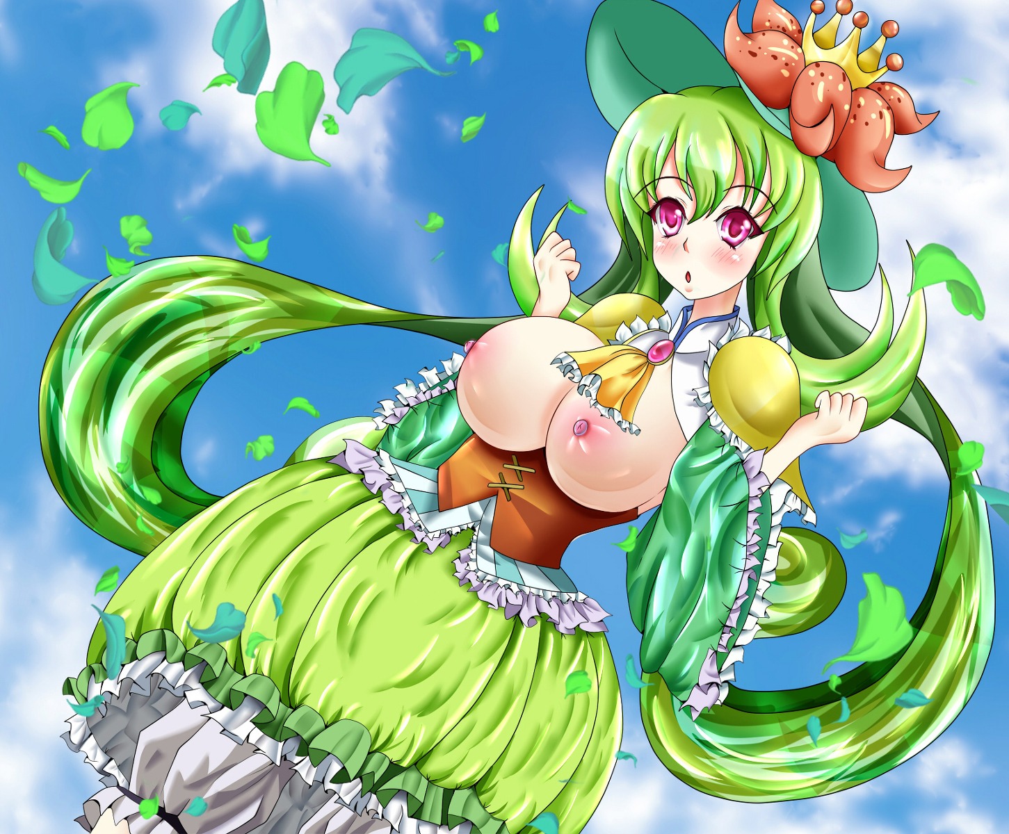 artist_request blush breasts breasts_out cosplay crown dress female green_hair hat highres human large_breasts lilligant lilligant_(cosplay) personification pixiv_manga_sample pokemon pokemon_(cosplay) purple_eyes resized rule34 shiny_skin yurikuro