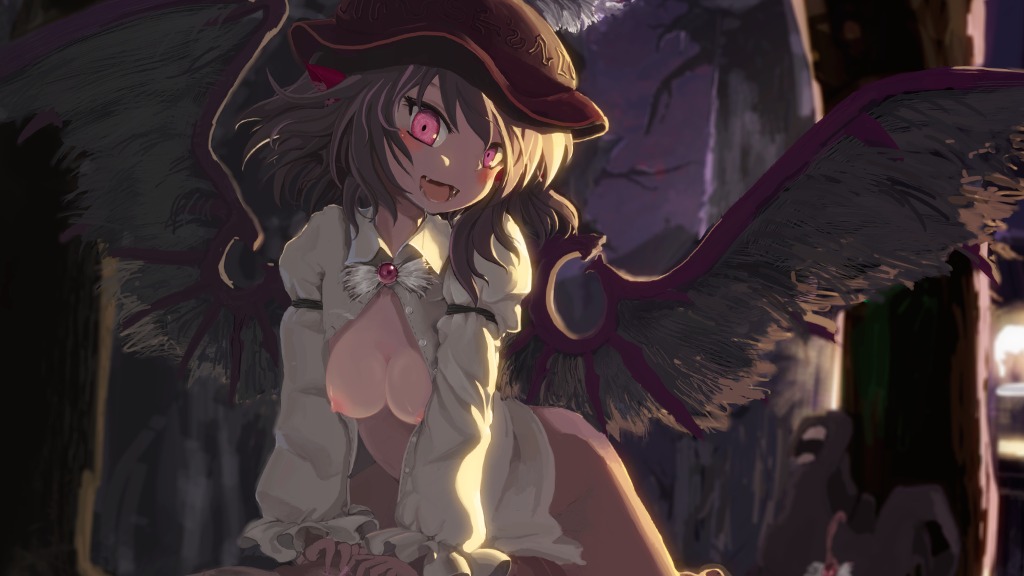 1girls animal_ear armband bent_over blush bottomless breasts brown_hair dress_shirt drooling fangs female forest hat head_tilt kinohanaomise large_wings long_sleeves mystia_lorelei naked_shirt nature night nipples no_bra open_clothes open_mouth open_shirt pink_eyes rule34 saliva shirt short_hair smile solo su_(pixiv) sunrise touhou tree wings