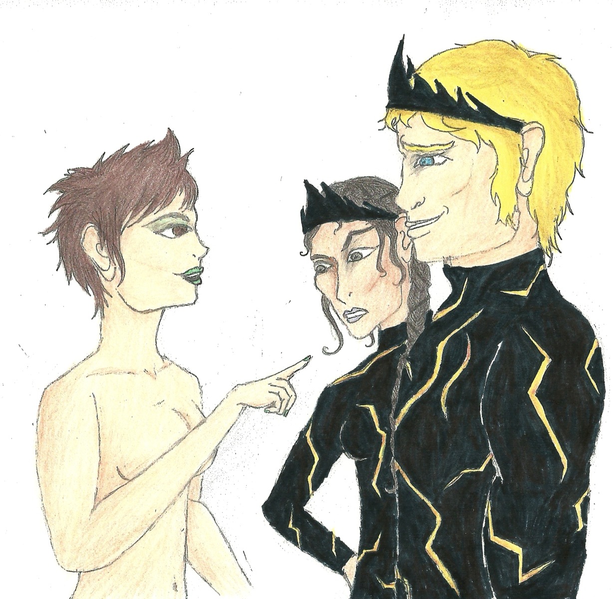 1boy 2girls artist_request drawn female human human_only hunger_games jennifer_lawrence johanna_mason josh_hutcherson katniss_everdeen male naked nude nude_female paper peeta_mellark rule34 sketch smile tagme the_hunger_games white_background