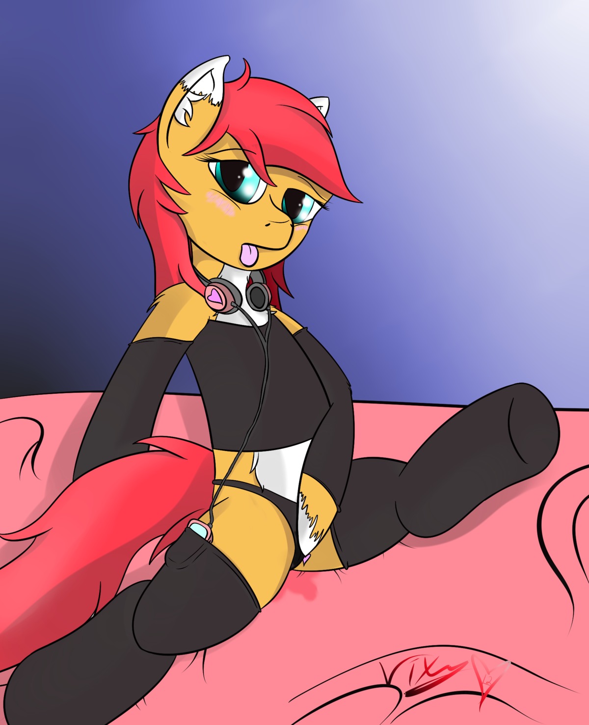 blush bodily_fluids clothing e621 earth_pony electronics equid equine fan_character female feral genital_fluids hair hasbro headphones heart_symbol hi_res horse looking_at_viewer mammal my_little_pony panties pony red_hair solo tail tongue tongue_out underwear vaginal_fluids vixy_(artist) vixy_hooves wet young young_feral