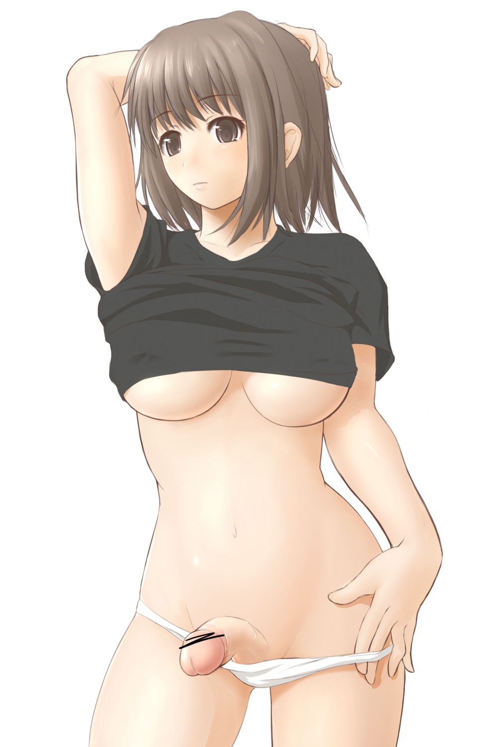 1futa breasts brown_eyes brown_hair censored copyright_request erect_nipples futa_only futa_sans_balls futanari highres intersex large_breasts nipples panties panty_pull penis pointless_censoring rule34 short_hair solo solo_futa underboob underwear zi-shot