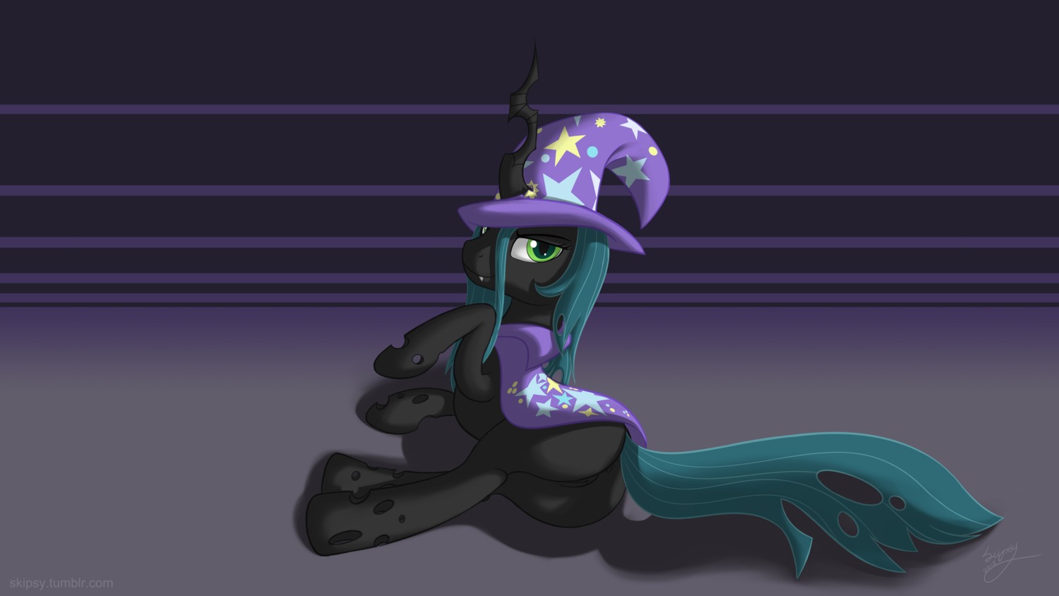 anus arthropod butt cape changeling_(mlp) clothing cosplay e621 female feral friendship_is_magic genitals hasbro hat headgear headwear hi_res looking_at_viewer my_little_pony queen_chrysalis_(mlp) raised_tail skipsy solo tail vulva wizard_hat