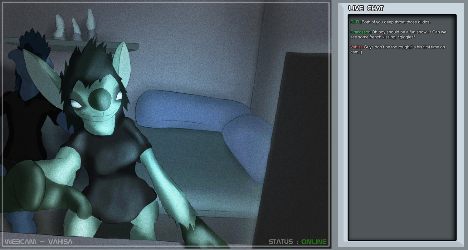 alien arvion bedroom blue_body blue_eyes blue_skin bottomless cam_show chat_box clothed clothing digital_media_(artwork) dildo dorzian duo e621 female fur green_body green_fur hi_res inside livecam livestream looking_at_viewer male male/female mohawk monster partially_clothed petresko sex_toy solo_focus