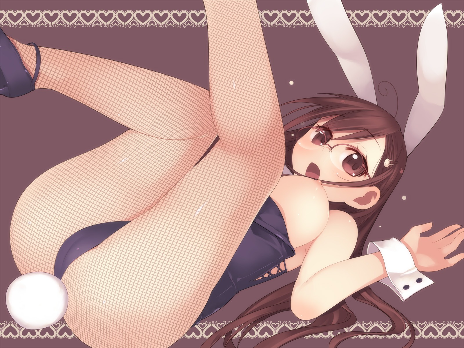 animal_ears arima_senne ass breasts brown_hair bunny_ears bunnysuit cameltoe female female_only fishnets glasses highres human kashiwamochi_yomogi large_breasts long_hair original pussy red_eyes rule34 solo wrist_cuffs