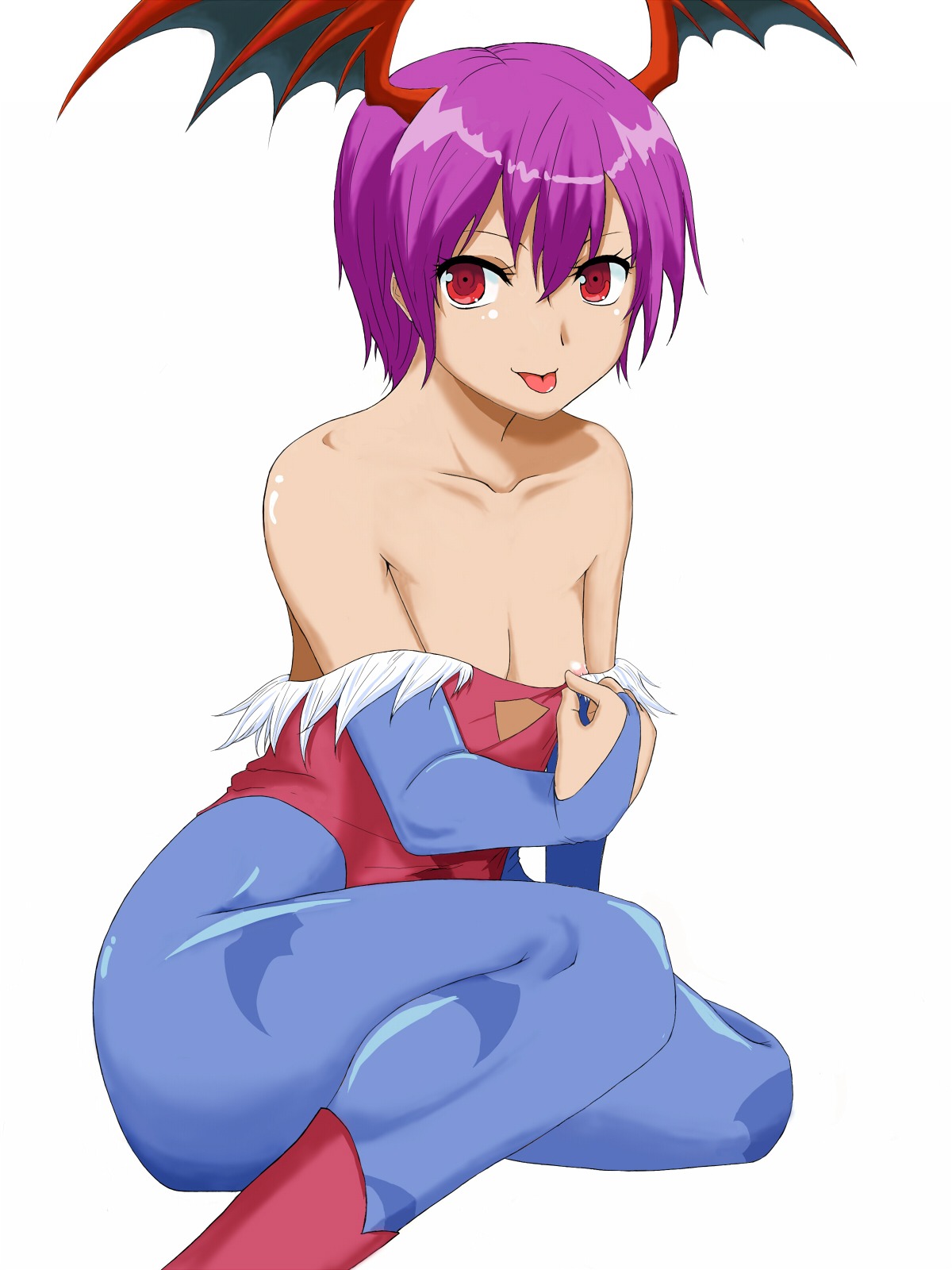 :d bare_shoulders clothing darkstalkers demon female fingerless_gloves flat_chest gloves head_wings highres lilith_aensland oda open_mouth pantyhose purple_hair red_eyes rule34 short_hair smile succubus