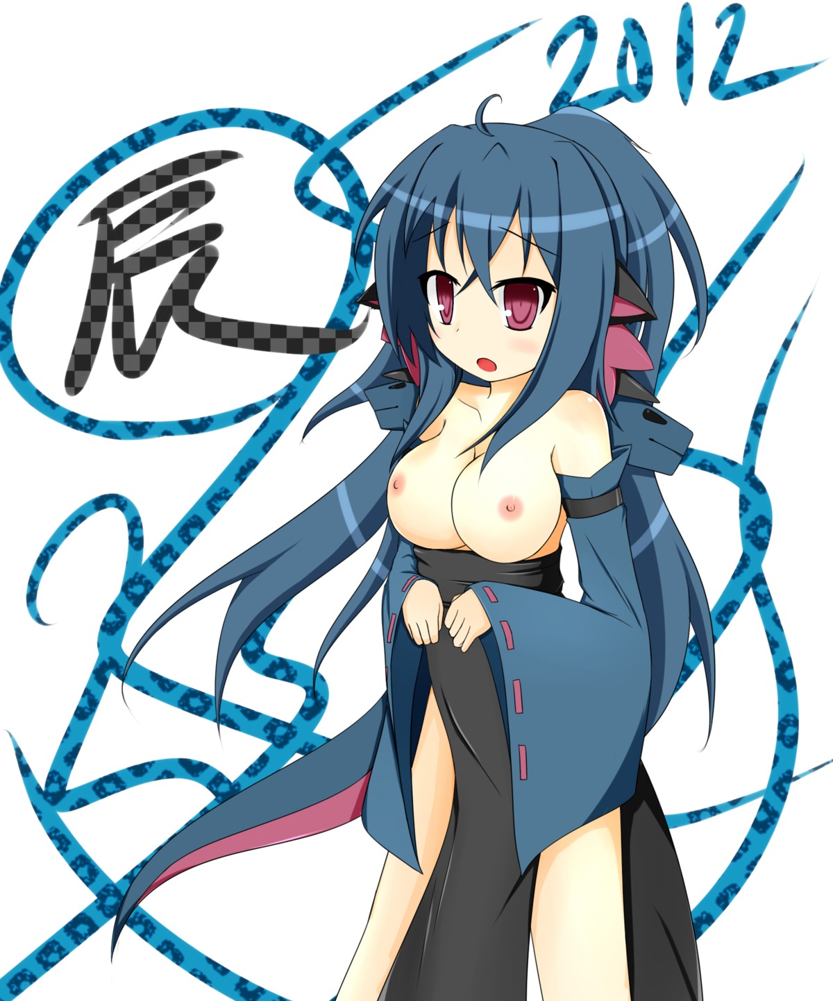 blue_hair blush breasts breasts_out female highres hydreigon personification pokemon purple_eyes rule34