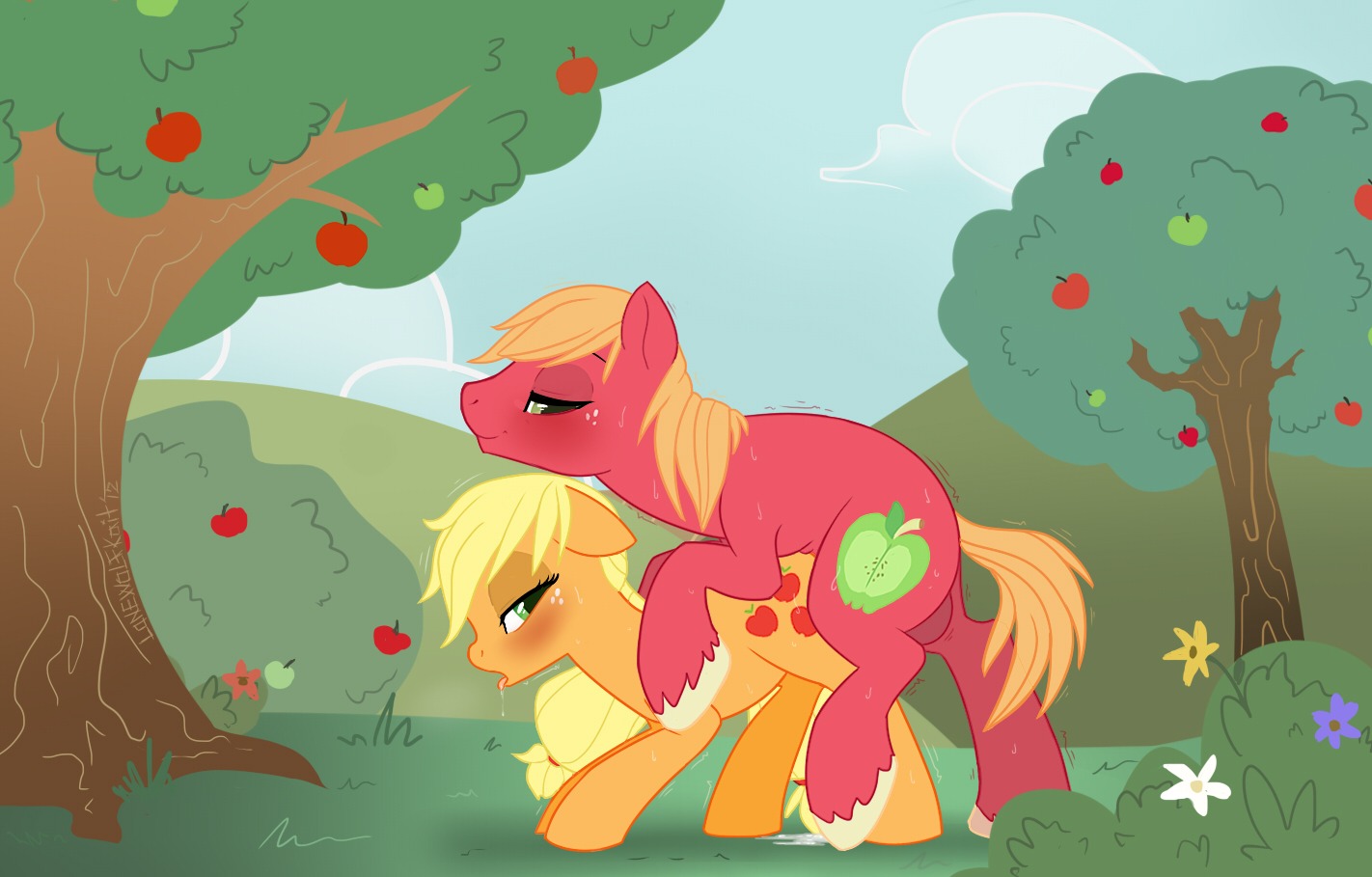 2012 all_fours apple applejack_(mlp) backsack balls big_macintosh_(mlp) blonde_hair blush bodily_fluids brother_(lore) brother_and_sister_(lore) clothing cloud cum cutie_mark doggystyle drooling duo e621 earth_pony equid equine female feral feral_on_feral food freckles friendship_is_magic from_behind_position fruit genital_fluids genitals hair hasbro hat headgear headwear hooves horse incest_(lore) lonewolfkait male male/female mammal my_little_pony orange_hair outside plant pony raised_tail red_body saliva sex sibling_(lore) sister_(lore) sky sweat tail tree wood yellow_eyes