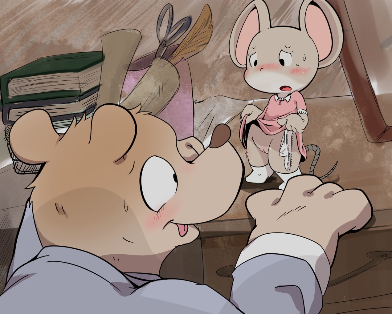 age_difference anthro bear blush bodily_fluids celestine_(ernest_and_celestine) clothed clothing duo e621 embarrassed ernest_(ernest_and_celestine) ernest_and_celestine female genitals house_mouse larger_male m@rt male male/female mammal mouse murid murine no_underwear panties presenting rodent size_difference smaller_female sweat tongue tongue_out underwear vulva young young_anthro