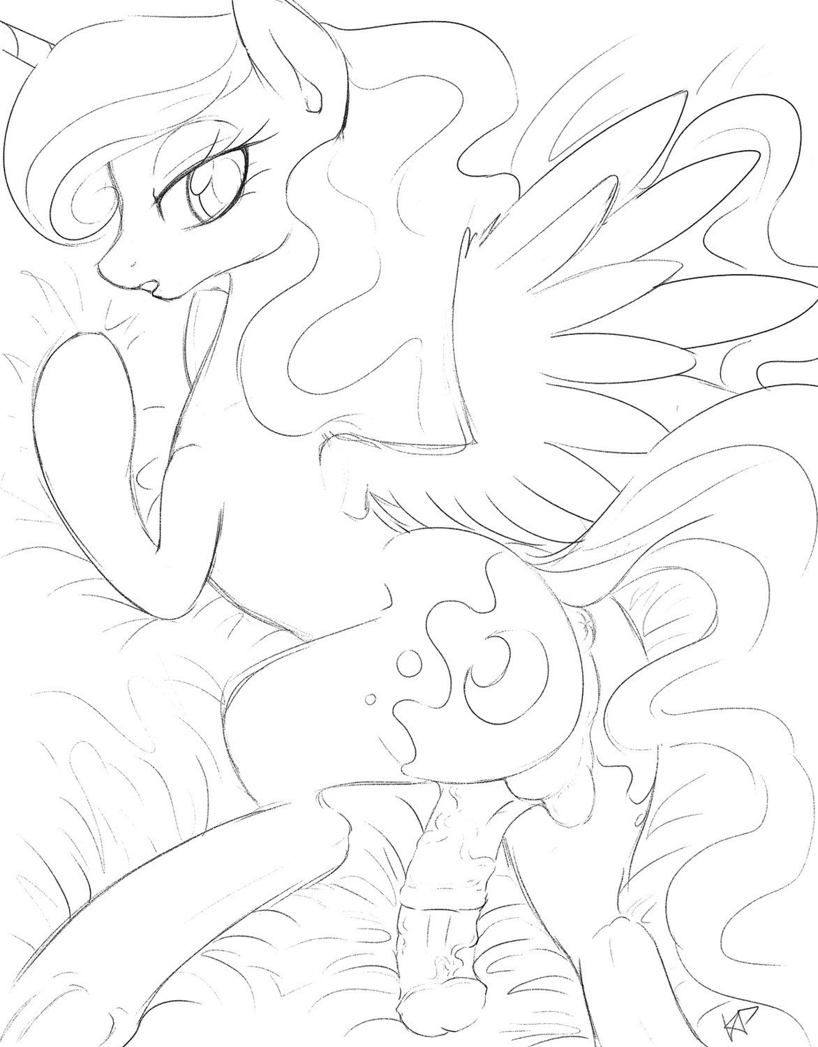 2014 animal_genitalia animal_penis anus backsack balls butt cutie_mark e621 equid equine equine_genitalia equine_penis erection eyelashes feathered_wings feathers female female_feral feral friendship_is_magic genitals gynomorph hair half-closed_eyes hasbro hi_res horn intersex kinkypinkie long_hair lying mammal monochrome my_little_pony mythological_creature mythological_equine mythology narrowed_eyes nude penis princess_luna_(mlp) quadruped sketch solo vein winged_unicorn wings