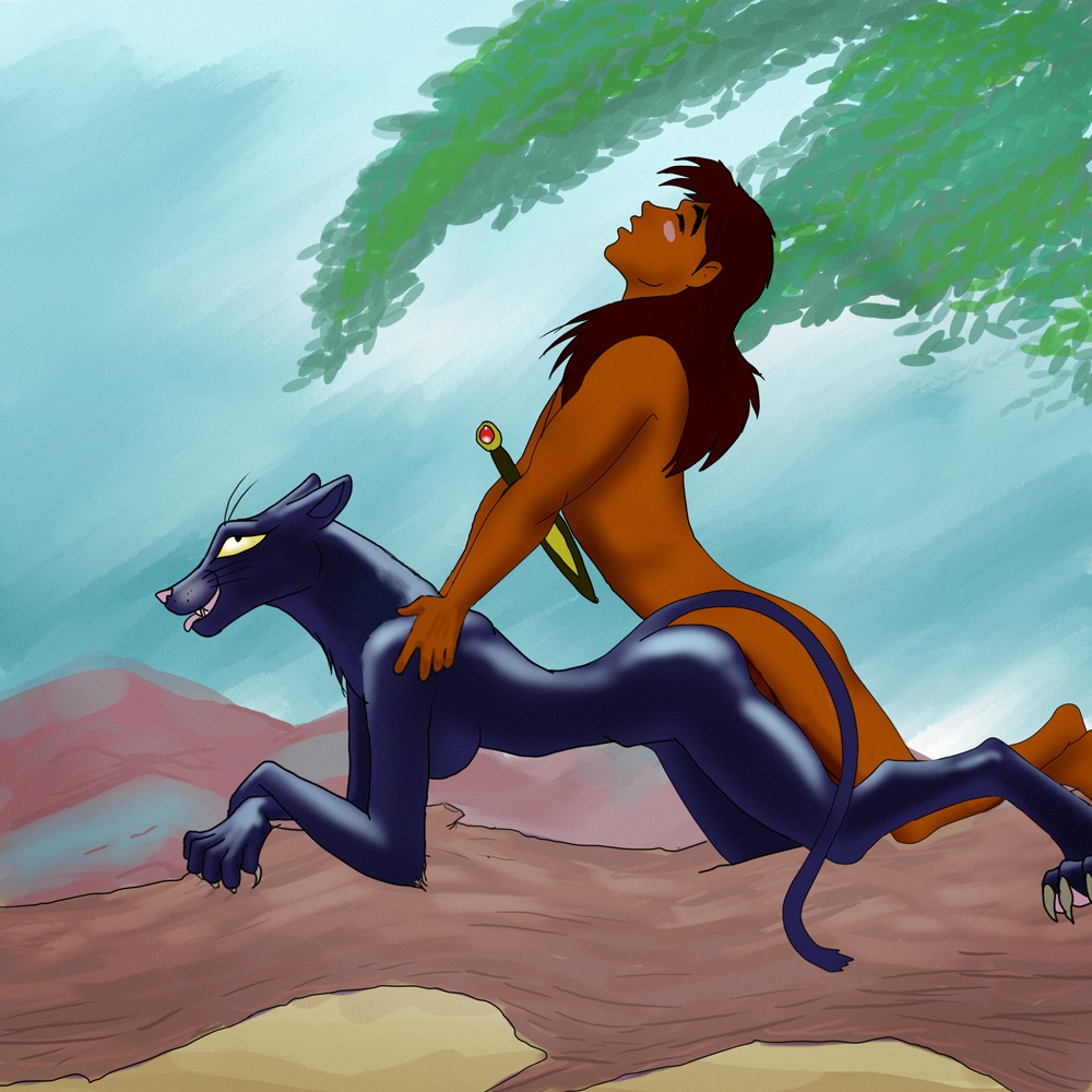 1:1 adventures_of_mowgli bagheera_(jungle_book) blush claws crossgender dagger duo e621 felid female feral hamsy human male mammal melanistic melee_weapon mowgli pantherine russian soviet_cartoon soyuzmultfilm the_jungle_book weapon