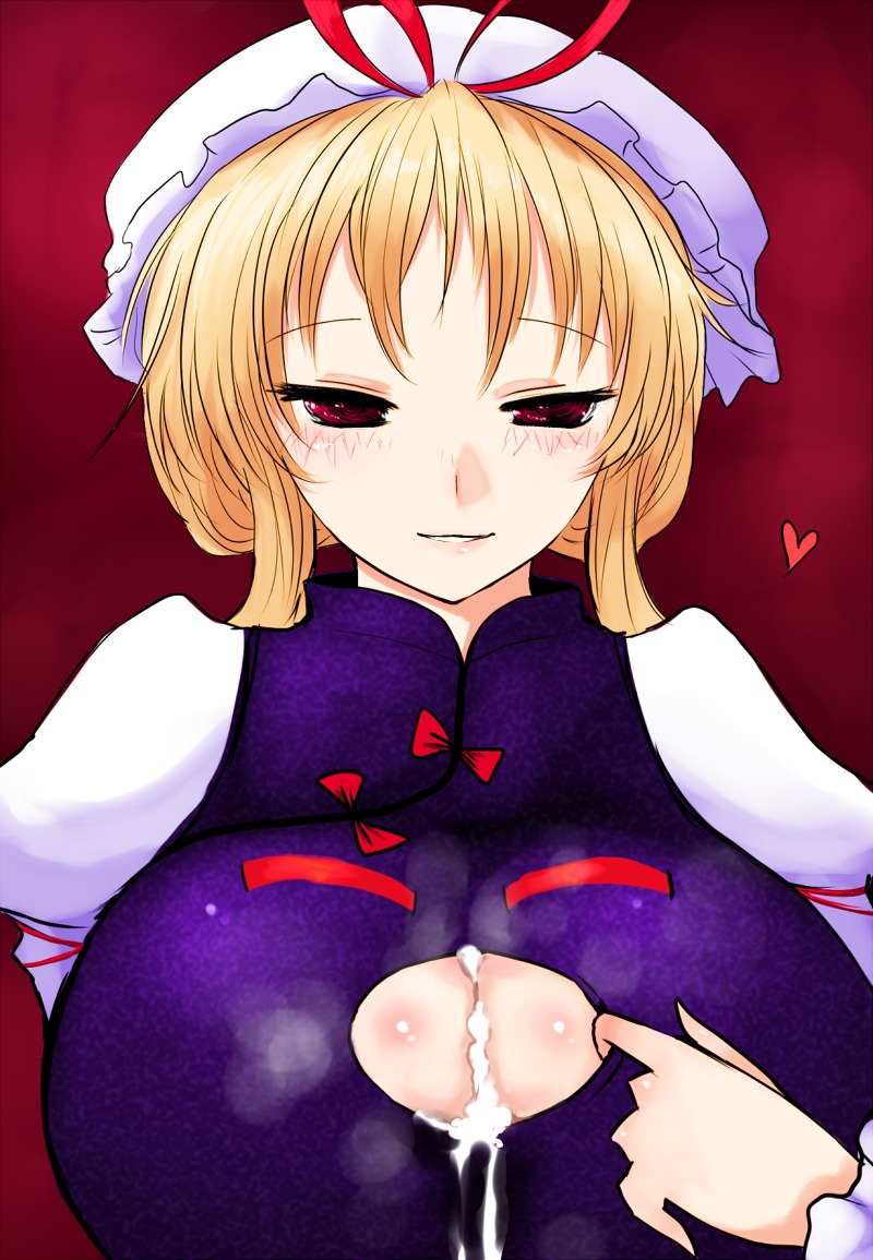 1girls after_sex big_breasts blonde_hair blush breasts cum cum_on_body cum_on_breasts cum_on_clothes cum_on_upper_body dress female han64 han_(jackpot) hat heart huge_breasts pixiv_manga_sample red_eyes rule34 short_hair simple_background smell smile solo steam touhou upper_body yukari_yakumo