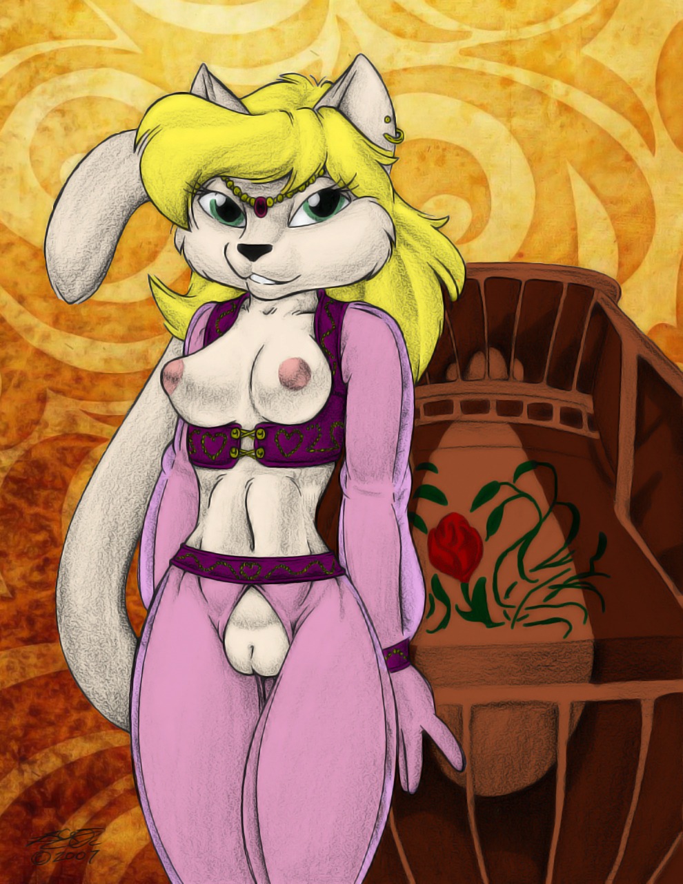 2007 anthro bottomwear breasts brian_o'connell clothing crotchless_bottomwear crotchless_clothing crotchless_pants domestic_cat e621 ear_piercing felid feline felis female genitals harem harem_outfit hi_res mammal nipples pants piercing simple_background solo tail third-party_edit vulva