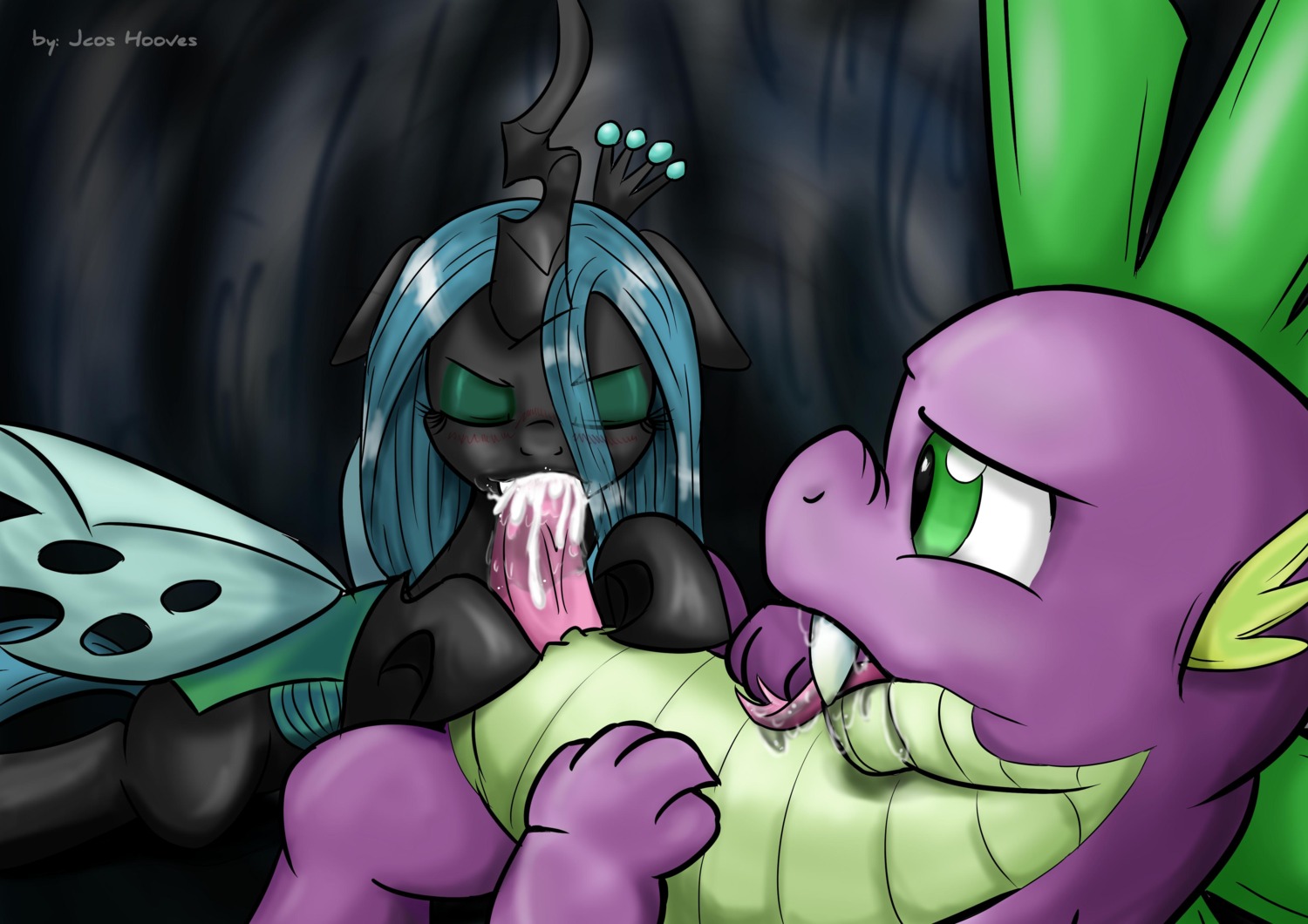 2014 absurd_res arthropod black_body bodily_fluids changeling_(mlp) colored conditional_dnp cum dragon duo e621 erection eyes_closed fellatio female female_penetrated feral friendship_is_magic genital_fluids genitals green_eyes hair hasbro hi_res insect_wings interspecies jcosneverexisted long_hair male male/female male_penetrating male_penetrating_female my_little_pony mythological_creature mythological_scalie mythology oral oral_penetration penetration penile penis queen_chrysalis_(mlp) saliva scalie sex spike_(mlp) tumblr wings
