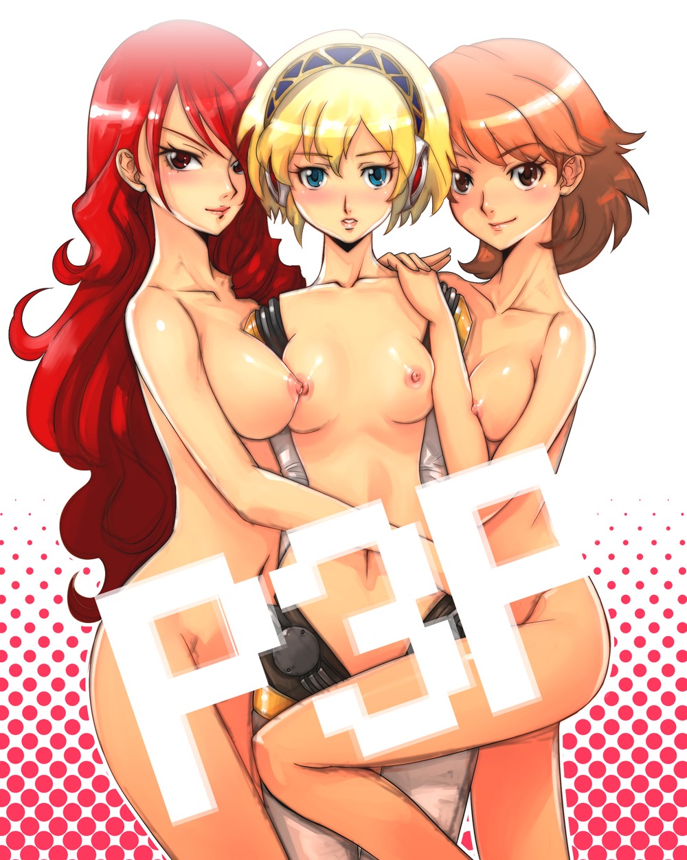 aegis_(persona) aigis_(persona) blonde_hair blue_eyes blush boyaking breast_press breast_squeeze breasts brown_eyes brown_hair female group_sex headdress highres lipstick long_hair mitsuru_kirijo multiple_females multiple_girls navel nipples nipples_touching nude persona persona_3 persona_3_portable red_eyes red_hair robot robot_joints rule34 sex short_hair smile threesome yukari_takeba yuri