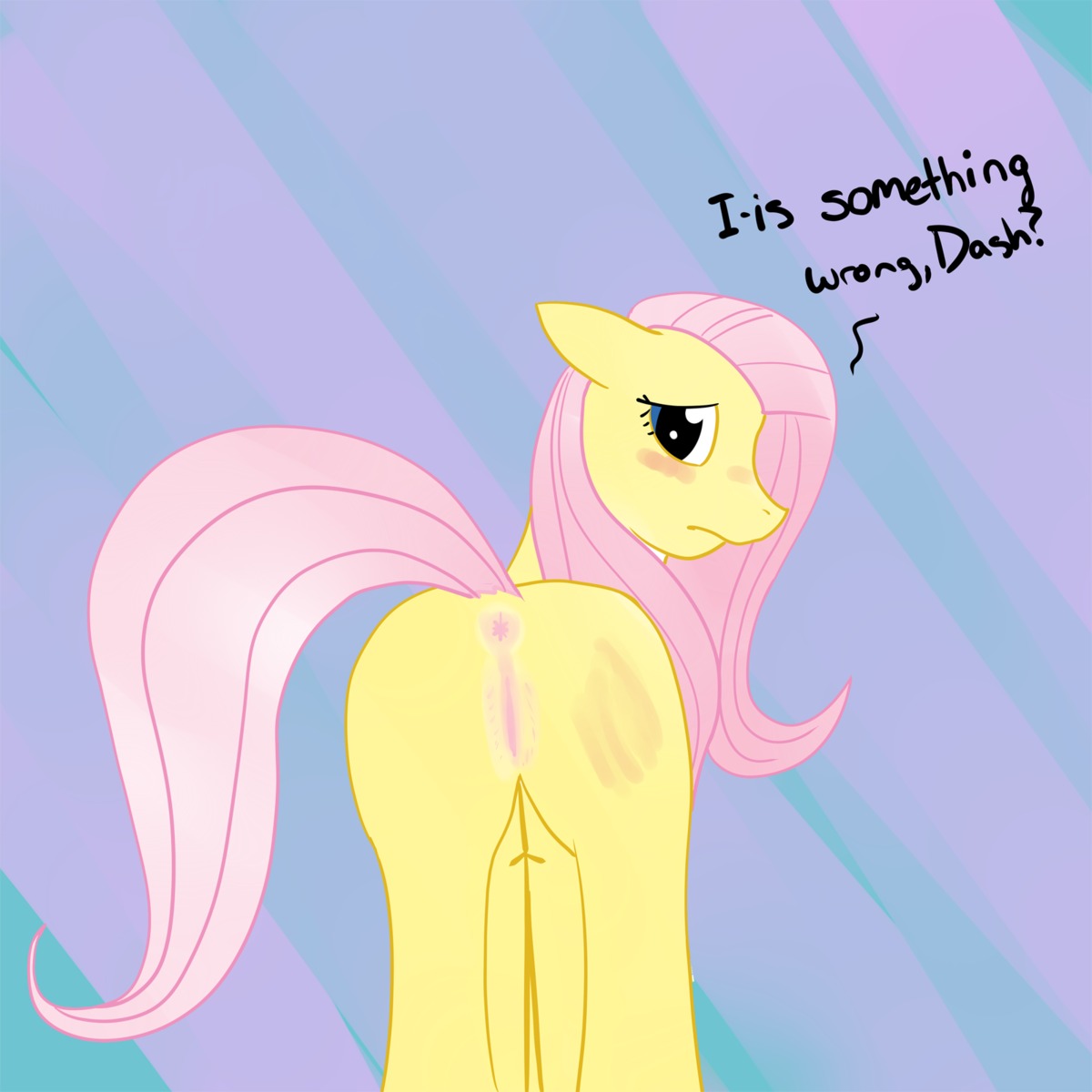 1:1 butt e621 equid equine female feral fluttershy_(mlp) friendship_is_magic genitals hasbro hi_res horse looking_at_viewer looking_back looking_back_at_viewer mammal my_little_pony pony rear_view solo tail unknown_artist vulva