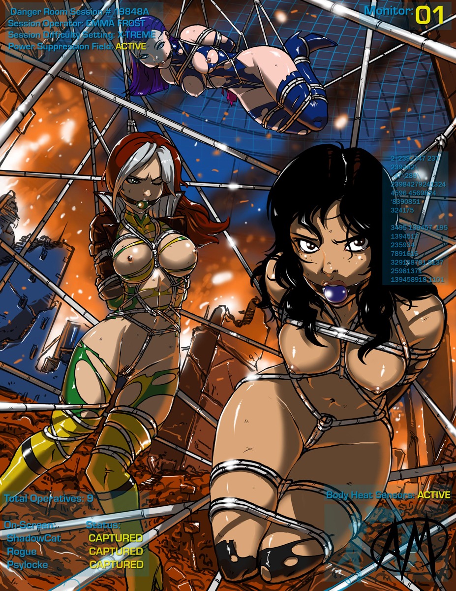 3girls anna_marie arms_behind_back ball_gag bondage breasts captured_heroine cleave_gag crotch_rope danger_room defeated_heroine exposed_breasts exposed_pussy female femsub gag gagged ganassa kitty_pryde marvel marvel_comics multiple_subs psylocke_(kwannon) pubic_hair pussy rogue_(x-men) rope rule34 shadowcat suspension tied torn_clothes x-men