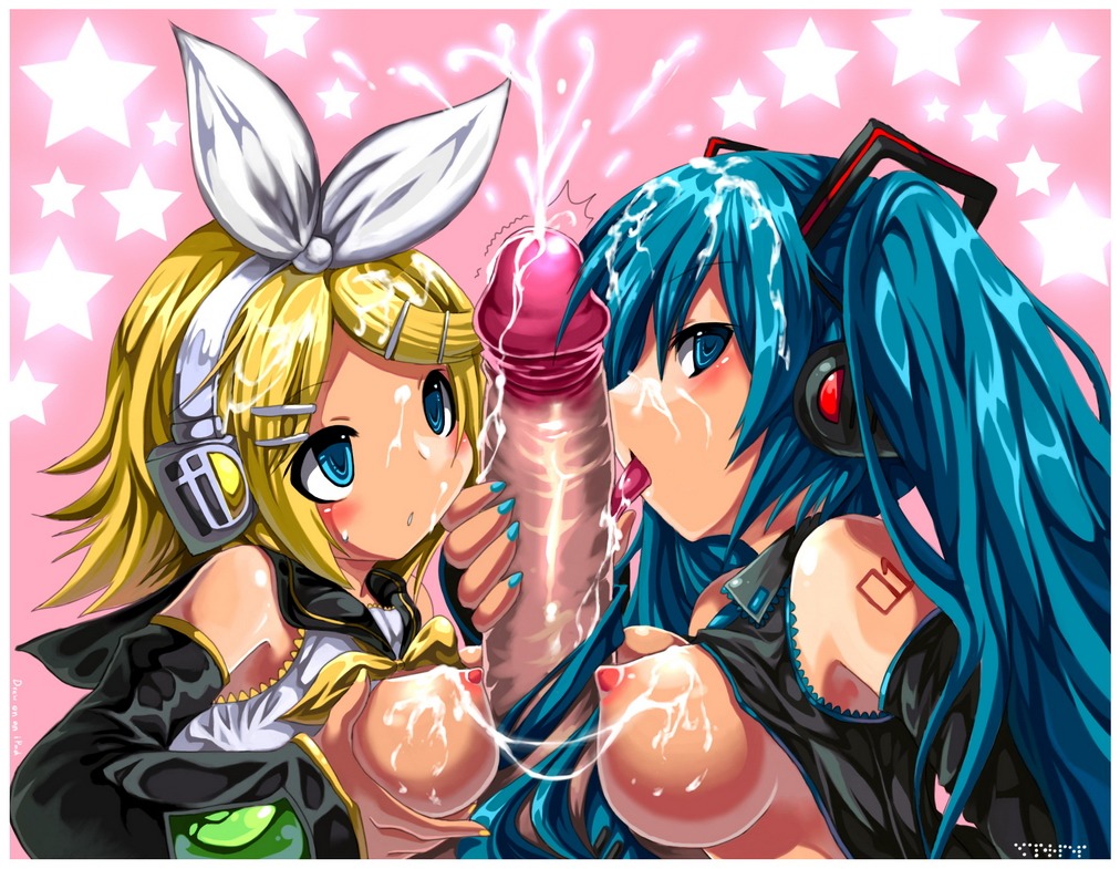 1boy 2girls aqua_eyes aqua_hair blonde_hair blue_eyes blush breasts cooperative_fellatio cum cum_on_body cum_on_breasts cum_on_hair detached_sleeves ejaculation emperpep facial fellatio female ffm_threesome group_sex hair_ornament hair_ribbon hairclip hatsune_miku headphones hetero kagamine_rin large_breasts licking licking_penis long_hair medium_breasts multiple_girls nail_polish nipples oral paizuri penis ribbon rule34 short_hair tagme threesome tongue twintails uncensored vocaloid
