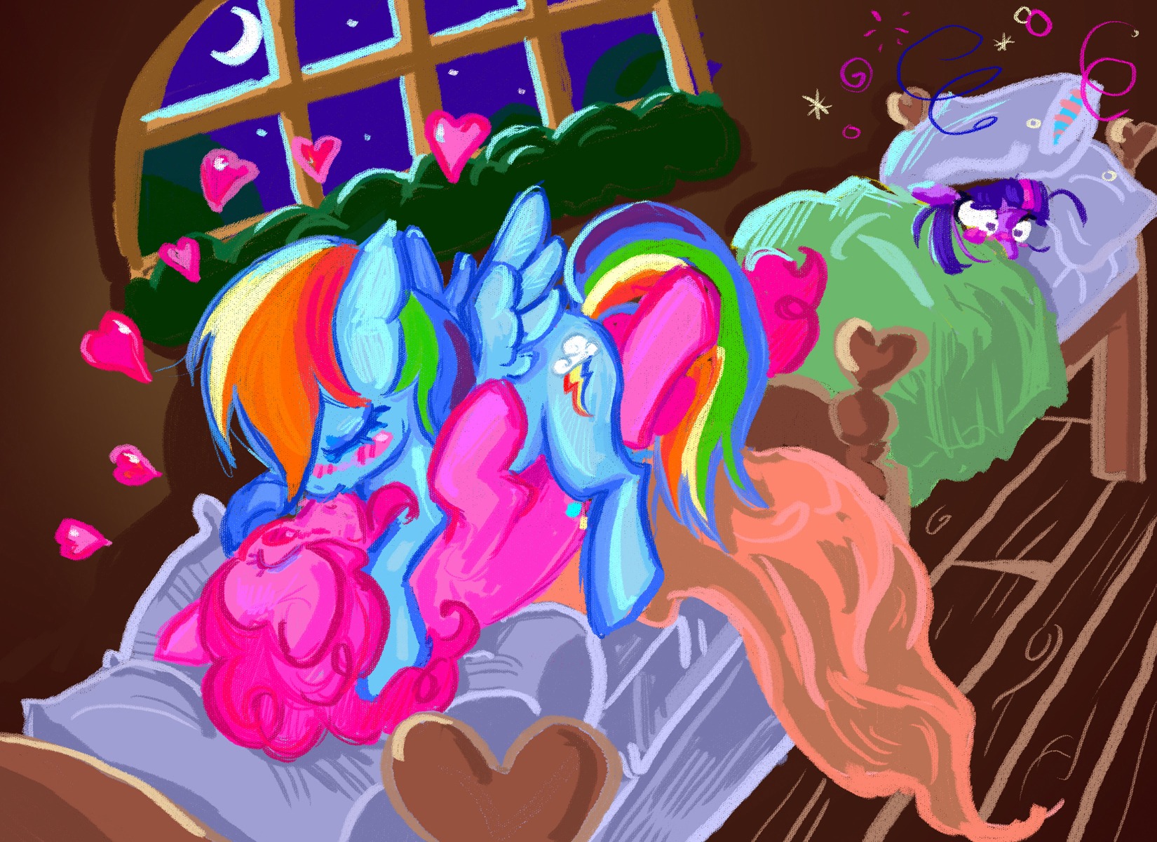 11:8 2013 bed bedroom blue_body blue_feathers blue_fur blush cutie_mark detailed_background duo_focus e621 earth_pony equid equine eyes_closed feathered_wings feathers female female/female feral feral_on_feral friendship_is_magic from_front_position fur furniture group hair hasbro heart_symbol hi_res horse inside kissing lying mammal missionary_position moon multicolored_hair my_little_pony mythological_creature mythological_equine mythology night on_back on_bed pegasus pillow pink_body pink_fur pink_hair pinkie_pie_(mlp) pony purple_body purple_eyes purple_fur purple_hair rainbow_dash_(mlp) rainbow_hair sex superkeen twilight_sparkle_(mlp) two_tone_hair wing_boner wings