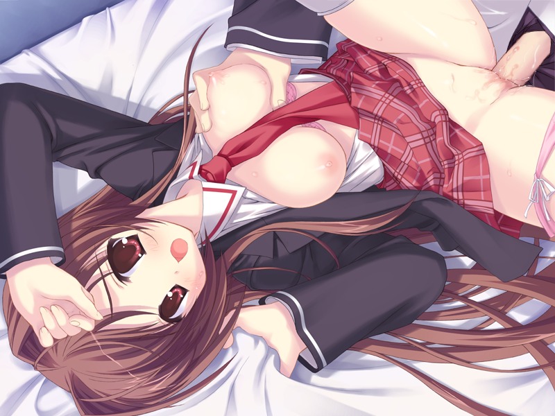 bed bed_sheet blush bra-ban! breast_grab breasts brown_hair female game_cg kobuichi long_hair lying male nakanoshima_tae necktie nipples on_back open_clothes open_shirt panties panties_around_leg panties_around_one_leg pussy rule34 school_uniform serafuku sex sheet_grab shirt straight uncensored underwear vaginal_penetration