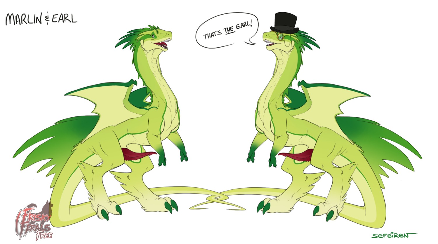 2013 absurd_res aquatic billfish brother_(lore) brothers_(lore) claws clothing conditional_dnp dragon duo e621 earl entwined_tails erection eyewear feet feral fish frisky_ferals genitals green_body green_scales hat headgear headwear hi_res hindpaw istiophoriform long_neck long_tail male marlin membrane_(anatomy) membranous_wings monocle mythological_creature mythological_scalie mythology open_mouth paws penis reptile scales scalie sefeiren sibling_(lore) standing tail tail_coil tongue top_hat twins_(lore) wings