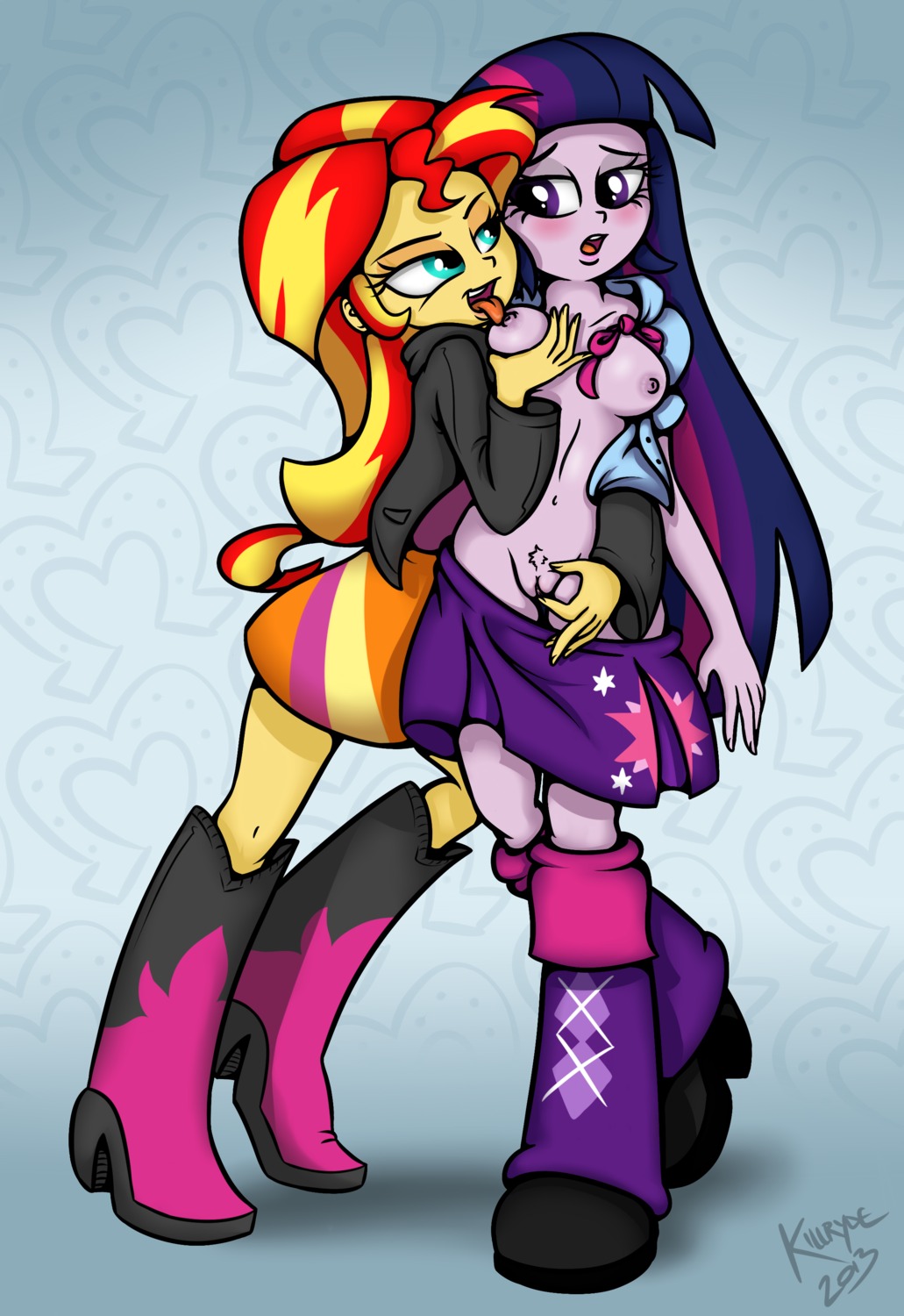 2013 absurd_res alternate_species areola blue_eyes blush boots bottomwear bottomwear_down bow_(feature) bow_tie breast_grab breasts clothed clothing duo e621 equestria_girls erect_nipples eye_contact female female/female fingering footwear genitals grandfathered_content grope hair hand_on_breast hasbro hi_res high_heeled_boots high_heels human humanized killryde knee_boots knee_highs leg_warmers legwear licking long_hair looking_at_another mammal multicolored_hair my_little_pony nipple_fetish nipple_lick nipple_play nipples not_furry open_clothing open_mouth open_shirt open_topwear pattern_background pubes purple_body purple_eyes purple_skin shirt shoes signature simple_background skirt_down smile sunset_shimmer_(eg) tongue tongue_out topwear twilight_sparkle_(eg) two_tone_hair vaginal vaginal_fingering vulva