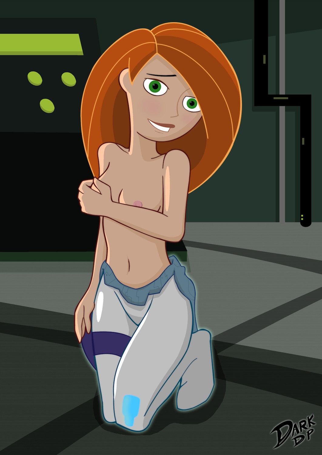 battle_suit bedroom_eyes darkdp disney exposed_breast female female_only futuristic_clothing green_eyes human kim_possible kimberly_ann_possible kneeling looking_at_viewer nipples png rule34 smile solo straight_hair tagme