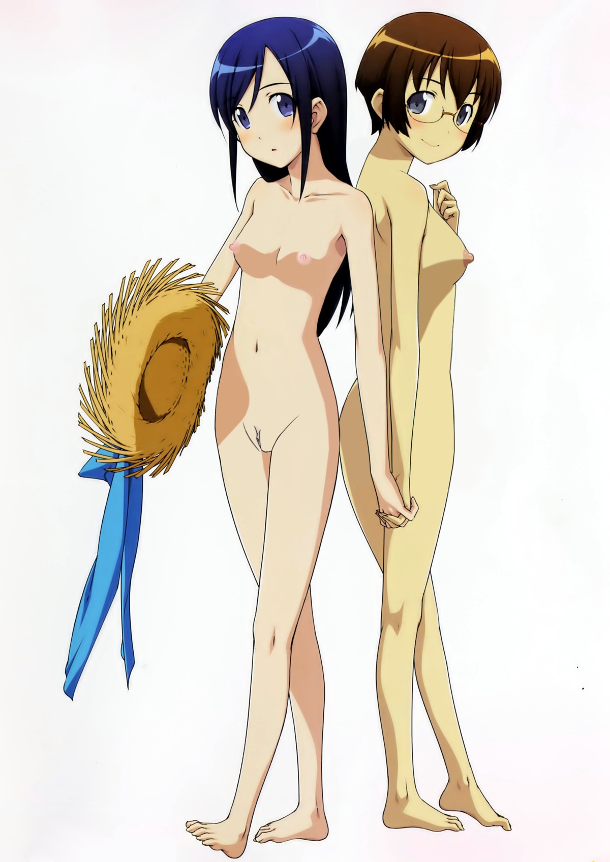 2girls aragaki_ayase bikini blue_eyes blue_hair blush brown_hair clitoris feet female glasses hand_holding hat highres legs long_hair multiple_females multiple_girls nude ore_no_imouto_ga_konna_ni_kawaii_wake_ga_nai photoshop pussy rule34 short_hair shorts smile tamura_manami uncensored vagina