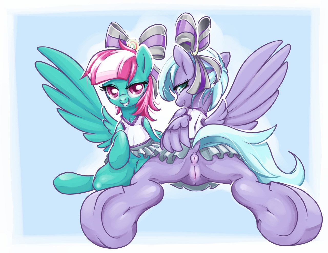 2014 accessory anus blue_body blue_fur bow_(feature) bow_accessory bow_ribbon cheerleader clothed clothed_feral clothing digital_media_(artwork) duo e621 equid equine feathered_wings feathers female female/female feral fizzy_pop_(mlp) friendship_is_magic fur genitals grin hair hair_accessory hair_bow hair_ribbon hasbro hooves lilac_sky_(mlp) looking_at_viewer looking_back mammal multicolored_hair my_little_pony mythological_creature mythological_equine mythology pegasus ribbons simple_background smile stoic5 two_tone_hair underhoof vulva wings
