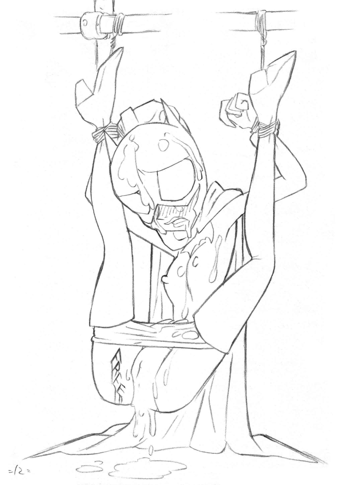 arms_up barbara_gordon batgirl batman_(series) bondage breasts cum cum_drip cum_inside cum_pool dc_comics female legs_up monochrome nipples rape rule34 small_breasts spread_legs suspension the_batman_(tv_series) torn_clothes union_of_the_snake