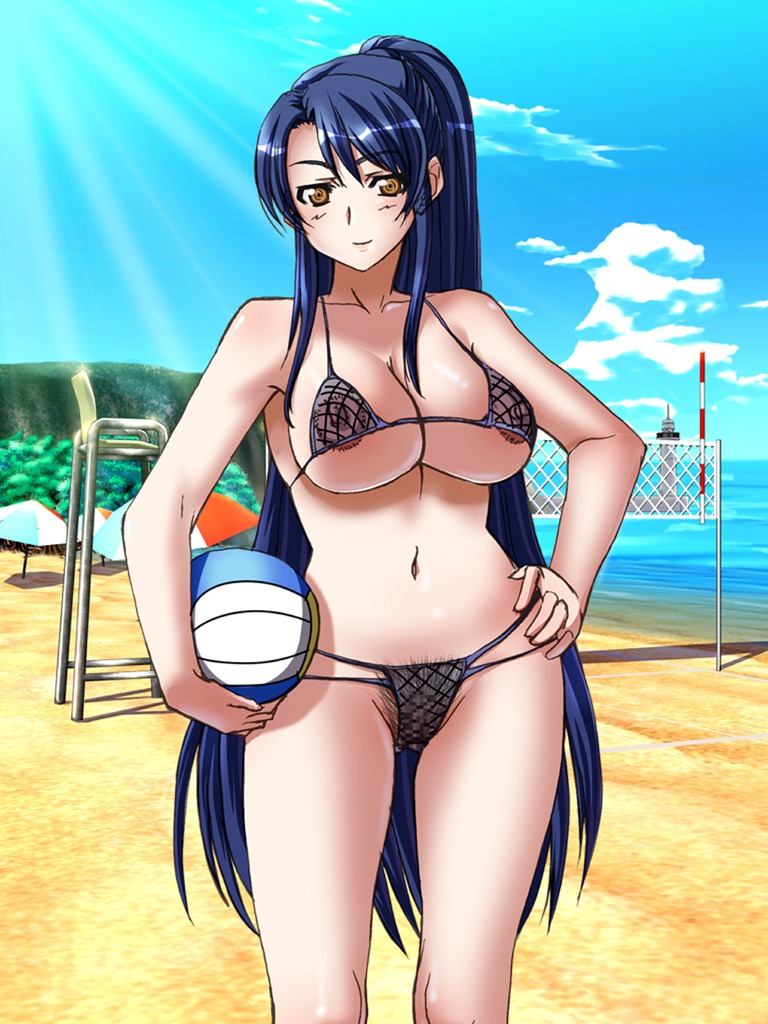 beach bikini breasts erect_nipples female hands_on_hips large_breasts nipples pubic_hair revealing rule34 swimsuit volleyball