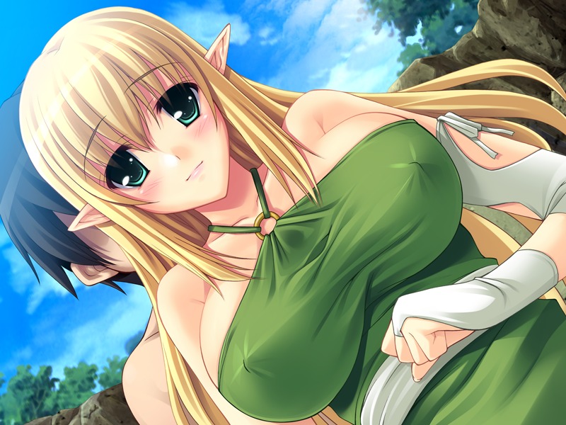blonde_hair blush breasts bridal_gauntlets clothing elf erect_nipples erect_nipples_under_clothes female game_cg green_eyes huge_breasts large_breasts long_hair nipples pointy_ears rule34 team-tanabe tiffania_westwood zero_no_tsukaima