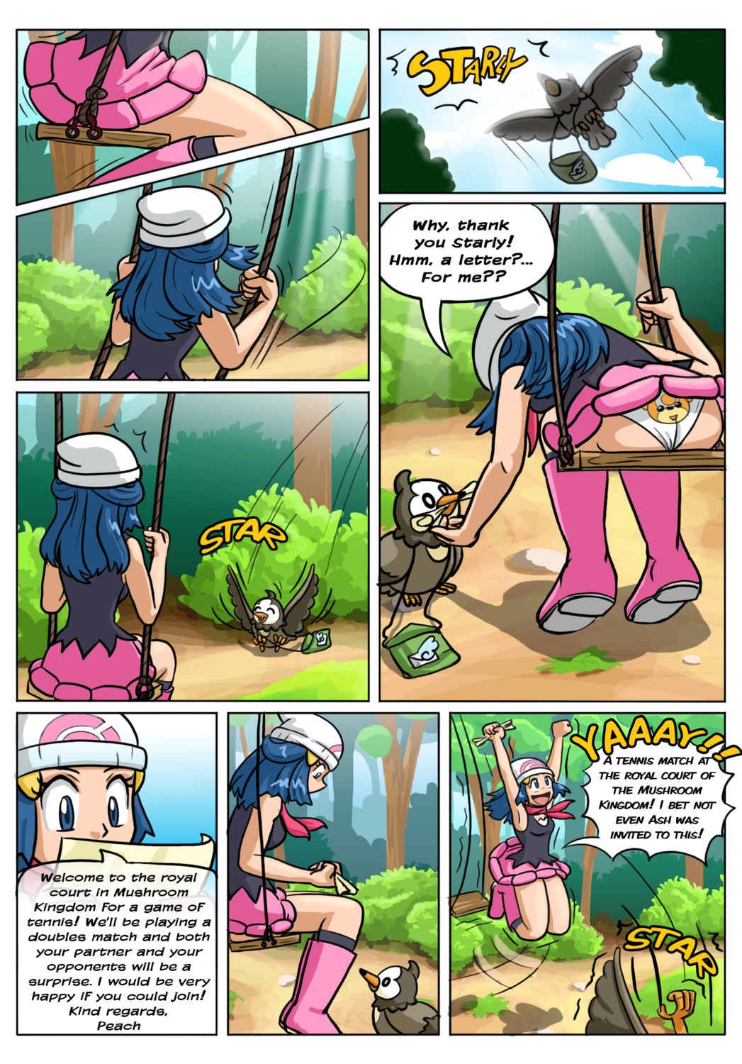 ass beanie blue_eyes blue_hair boots comic dawn_(pokemon) english_text female hat kneehighs miniskirt panties pokemon print_panties rule34 starly tagme text thighs white_panties
