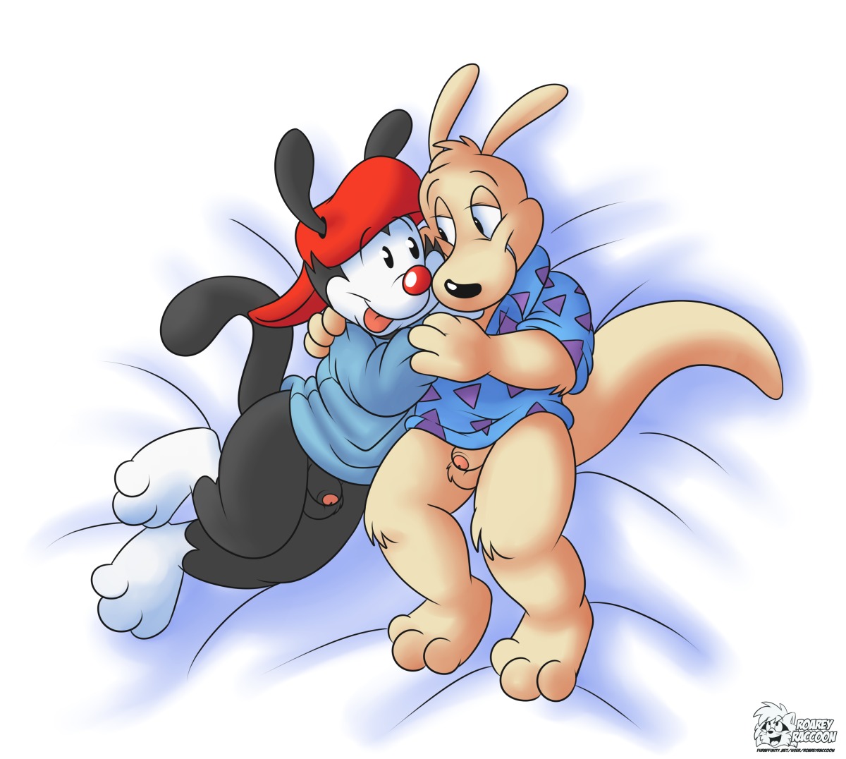 animaniacs anthro balls bottomless clothed clothing duo e621 flaccid foreskin genitals hat headgear headwear humanoid_genitalia humanoid_penis inkblot macropod male male/male mammal marsupial nickelodeon partially_clothed partially_retracted_foreskin penis roarey_raccoon rocko's_modern_life rocko_rama tongue tongue_out wakko_warner wallaby warner_brothers