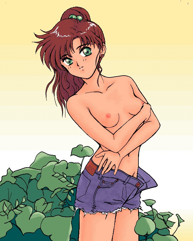 1girls 90s akusyu_0.5_second bishoujo_senshi_sailor_moon breasts brunette clothing earrings female female_only green_eyes human jean_shorts makoto_kino nipples ponytail rule34 shorts small_breasts solo tagme tied_hair topless