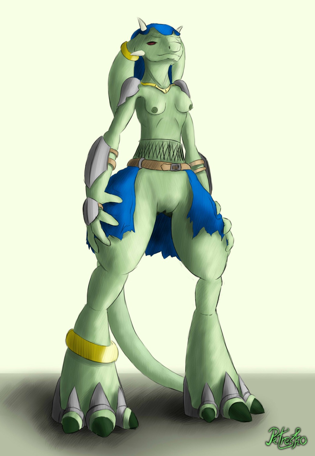 anthro armor breasts clothed clothing e621 female genitals green_body green_skin hi_res horn lizard long_tail looking_at_viewer monster nipples non-mammal_nipples nude partially_clothed petresko red_eyes reptile scalie slim solo tail vulva