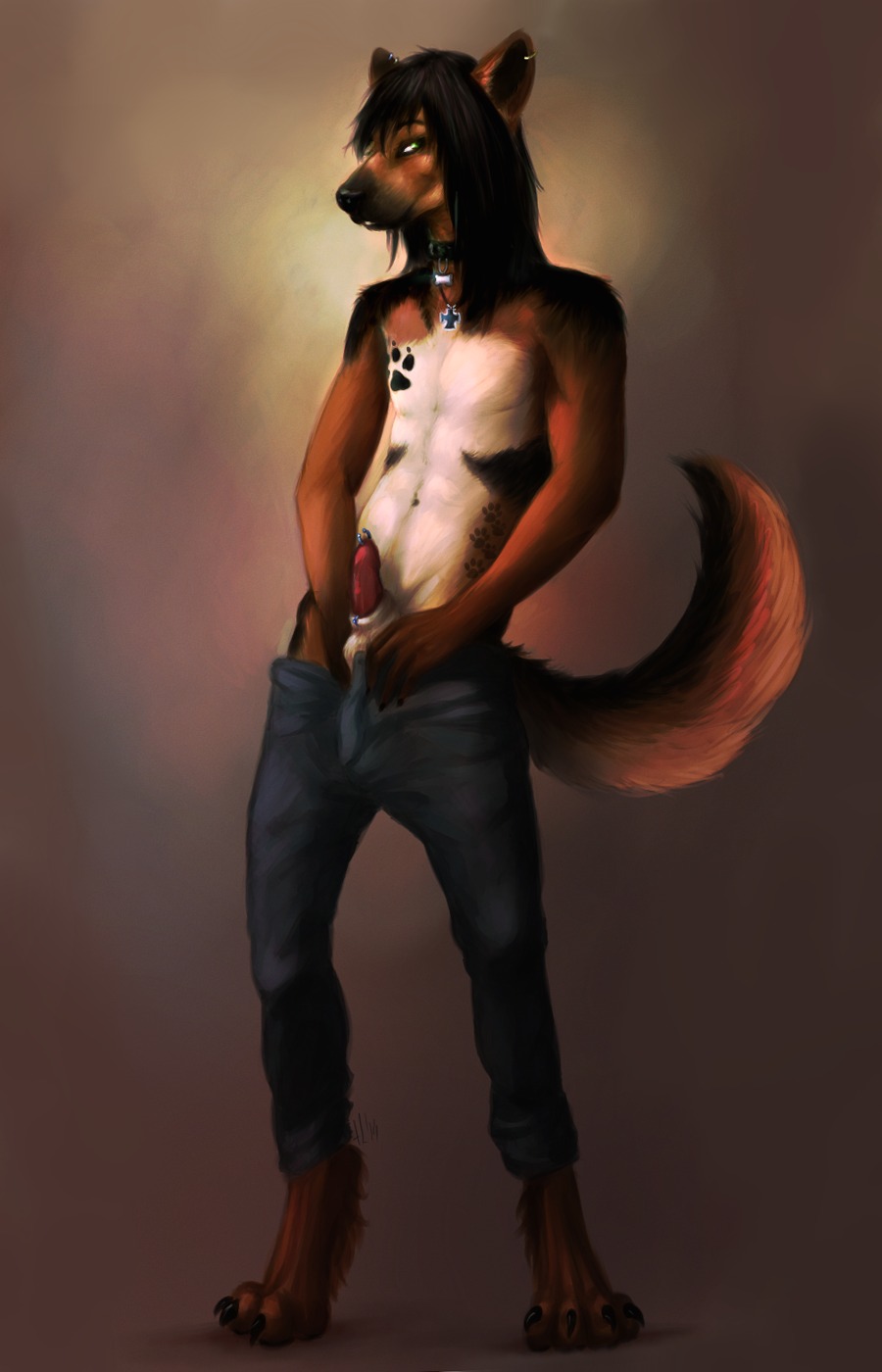 2014 9:14 afevis_(character) animal_genitalia animal_penis anthro balls battleguppy biped bottomwear brown_body brown_fur canid canine canine_genitalia canine_penis canis clothed clothing cross cross_patte domestic_dog e621 ear_piercing erection footprint fur genital_piercing genitals german_shepherd hair half-erect herding_dog hi_res iron_cross jewelry long_hair looking_at_viewer male mammal necklace nude pants pastoral_dog pawprint pawprint_tattoo paws penis penis_piercing piercing prince_albert_piercing sheath simple_background smile solo standing tattoo topless