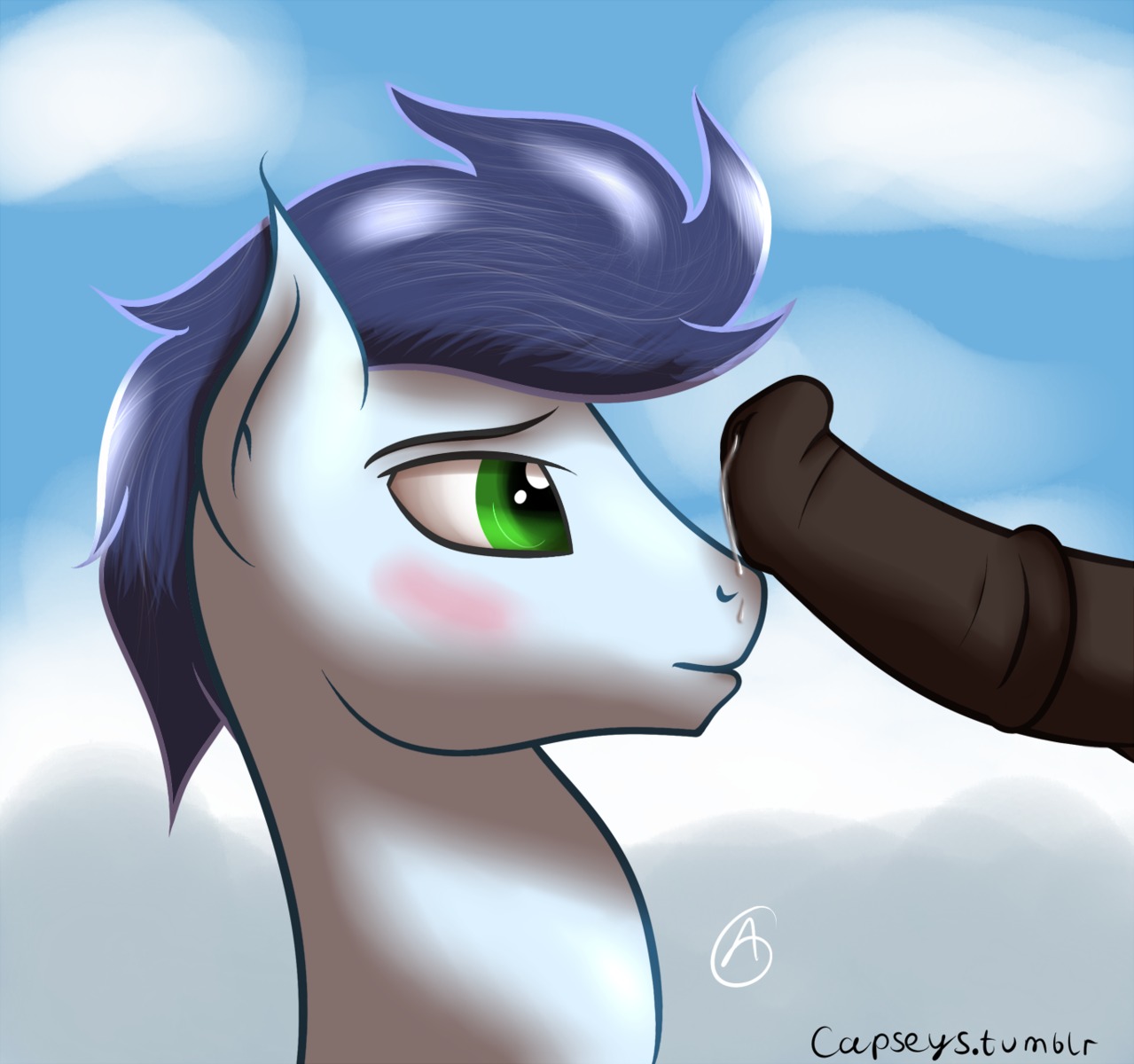 animal_genitalia animal_penis black_penis blue_body blue_fur blue_hair blush bodily_fluids boop capseys disembodied_penis duo e621 equid equine equine_genitalia equine_penis erection feral friendship_is_magic fur genital_fluids genitals green_eyes hair hasbro hi_res horse male male/male mammal my_little_pony penis pony precum soarin_(mlp) solo_focus wonderbolts_(mlp)