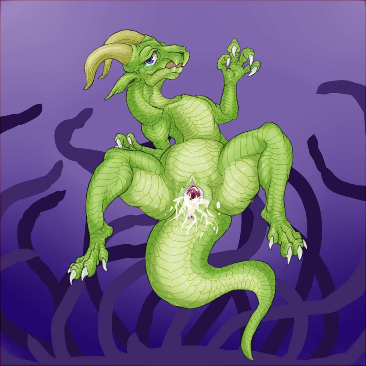 1:1 after_sex anus blue_eyes bodily_fluids cum cum_in_vagina cum_inside dragon e621 female feral gaping gaping_vagina genital_fluids genitals hi_res mythological_creature mythological_scalie mythology nilo_(artist) scalie solo spread_legs spreading tail tentacles vulva