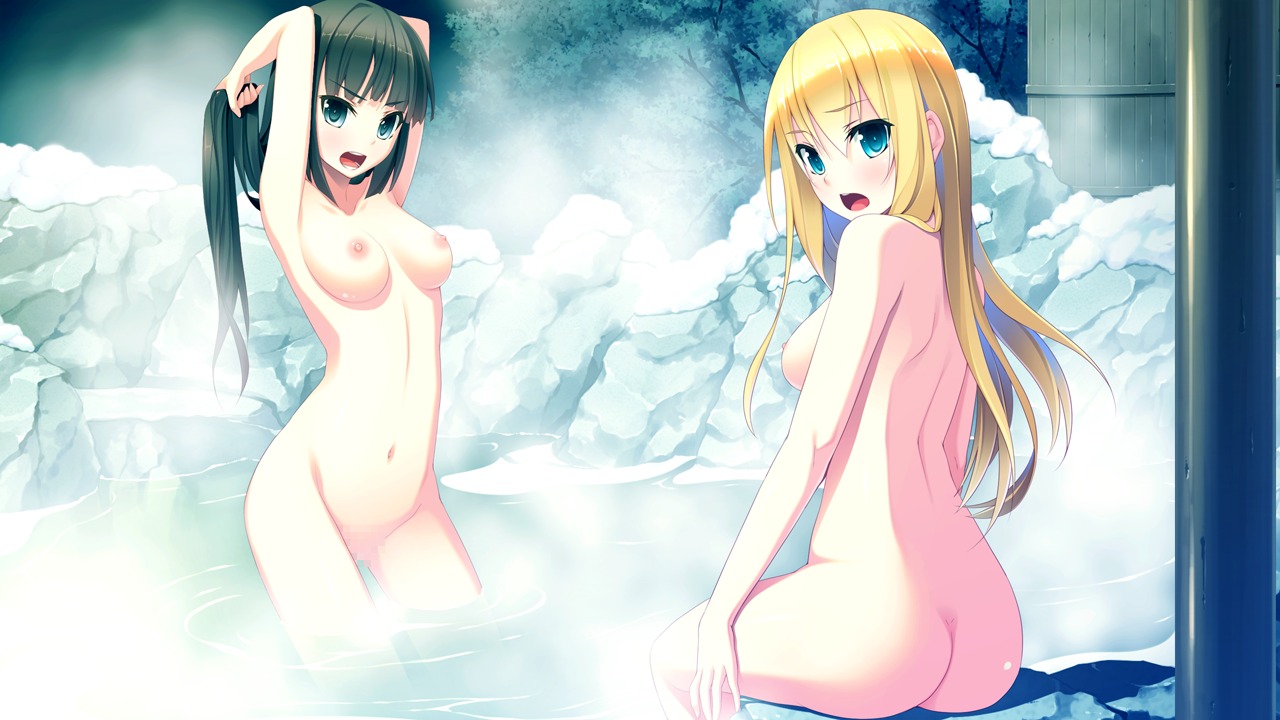 2girls black_hair blonde_hair breasts censored female game_cg hyouka_no_mau_sora_ni long_hair nipples nude onsen rule34 water