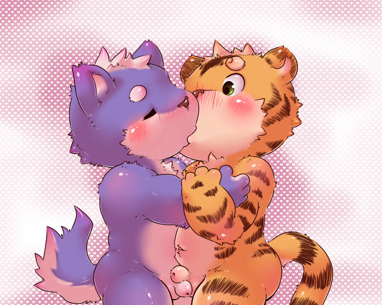 5:4 anthro balls blush canid canine canis domestic_cat duo e621 eyebrows eyes_closed felid feline felis flaccid genitals glistening green_eyes heart_symbol hi_res hug interspecies kemono kissing lilinfeng male male/male mammal navel pantherine penis slightly_chubby standing tiger wolf young young_anthro young_on_young