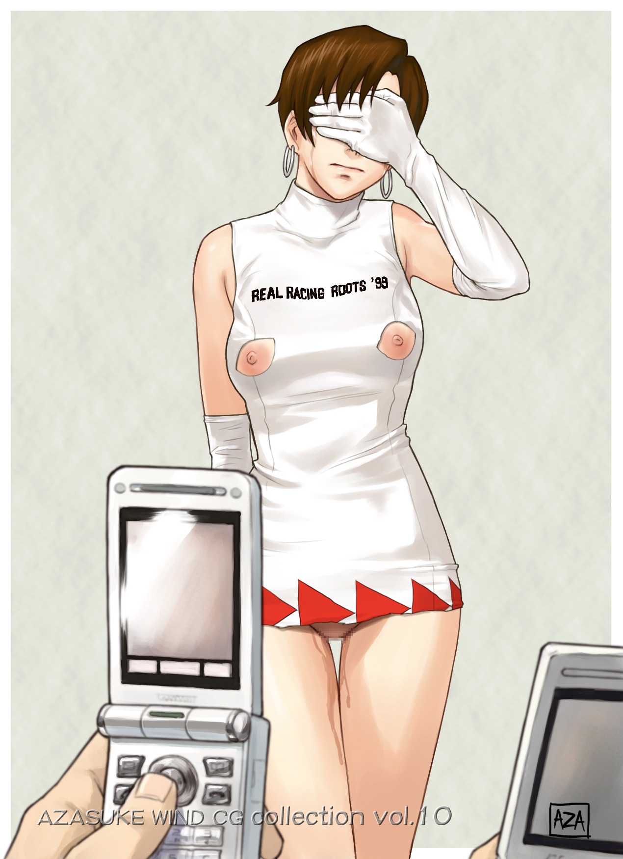 areolae azasuke bare_shoulders breasts brown_eyes brown_hair censored covering covering_eyes covering_face dress dress_lift earrings elbow_gloves embarrassed female gloves high_resolution jewelry male nagase_reiko nippleless_clothing nipples partial_male phone pussy pussy_juice race_queen ridge_racer rule34 shaved_pussy short_hair solo standing tears thigh_gap thighs